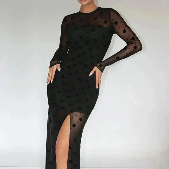 Black Preppy Womens Polka Dot Print Split Thigh Mesh Dress - Picture 4 of 5